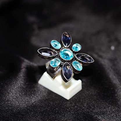 925 Sterling Silver Blue Topaz Floral Ring