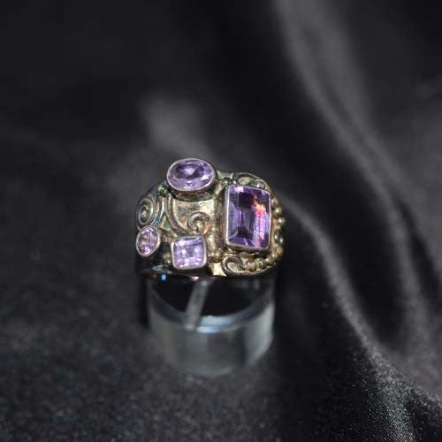 925 Sterling Silver Amethyst Multi-Shape Ornate Ring