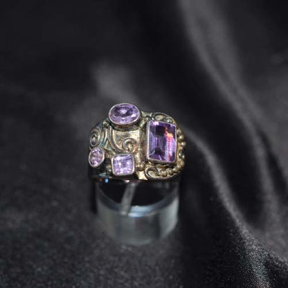 925 Sterling Silver Amethyst Multi-Shape Ornate Ring