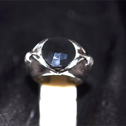 925 Sterling Silver Round Black Onyx Grooved Shoulder Ring