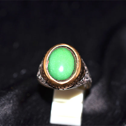 6 Carat Gold Plated Turkish Green Onyx Engraved Motif Ring
