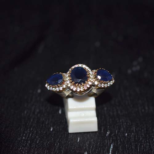 6 Carat Gold Plated Blue and White Three Stone Ring