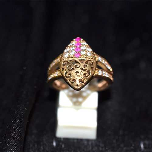 6 Carat Gold Plated Turkish Pink Ruby Filigree Shield Ring
