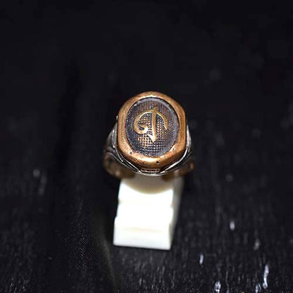 925 Sterling Silver Two-Tone Elif Vav Signet Ring with Wave Engraved Band