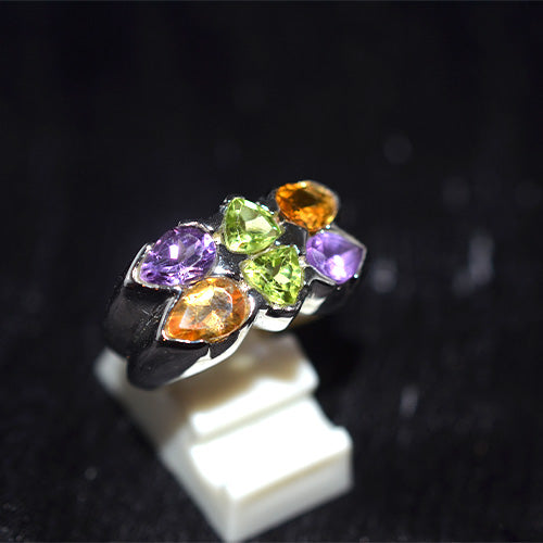 925 Sterling Silver Multi Gemstone Pear and Heart Shape Cluster Ring