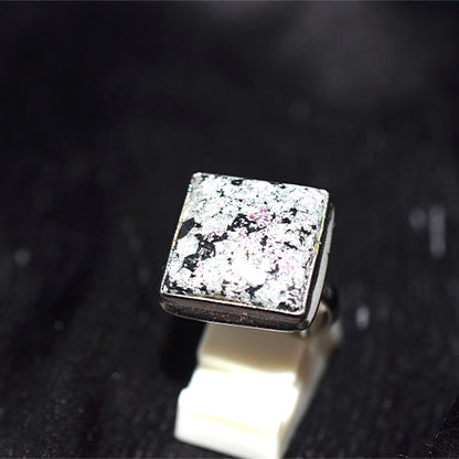 925 Sterling Silver Square Pink Speckled Granite Ring